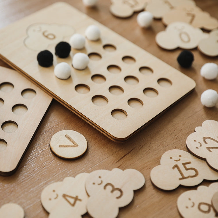 Counting Board with Black and White Pompoms - Greater Than, Less Than